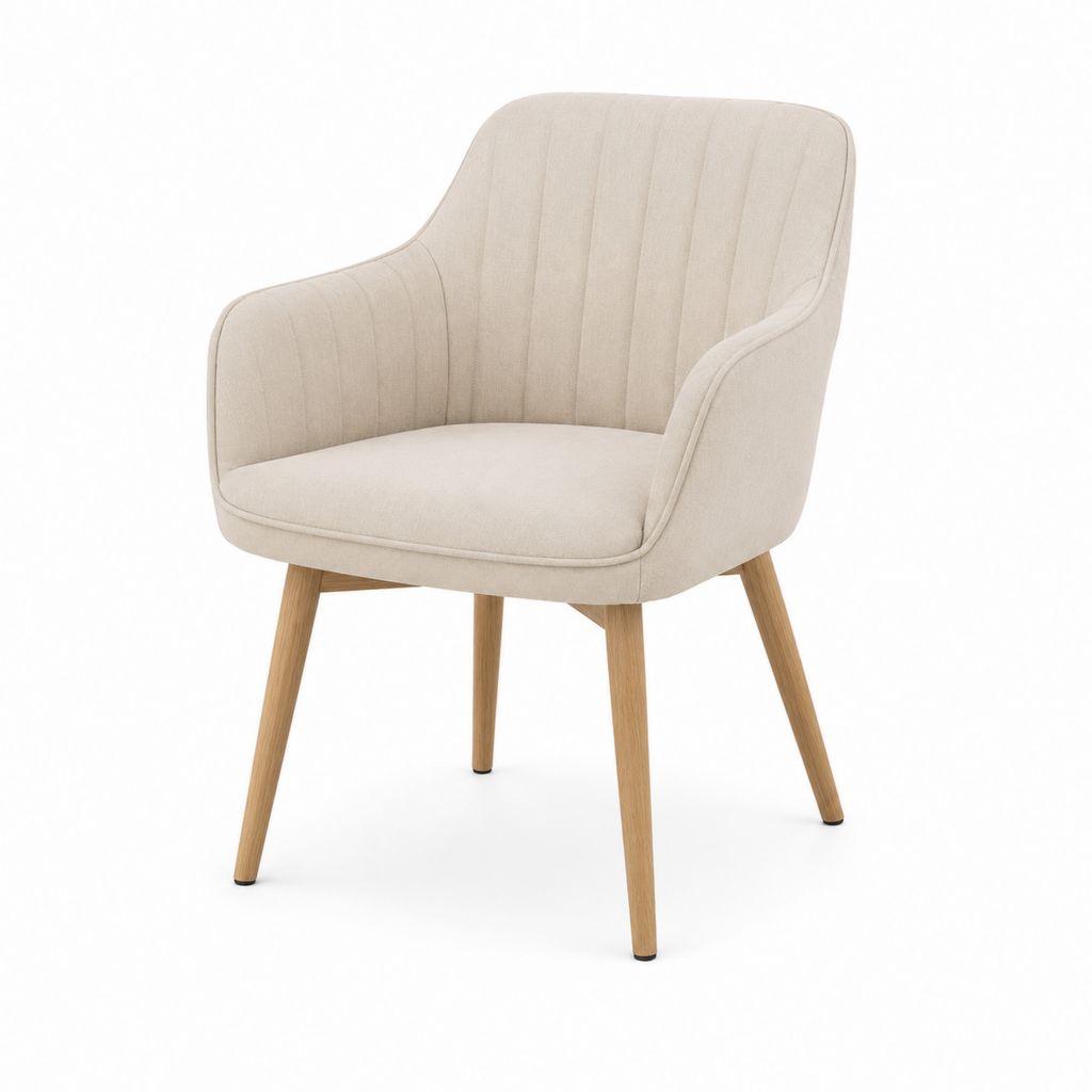 Sedia da pranzo imbottita con braccioli in tessuto beige e gambe in legno, 61 x 62 x 84 cm