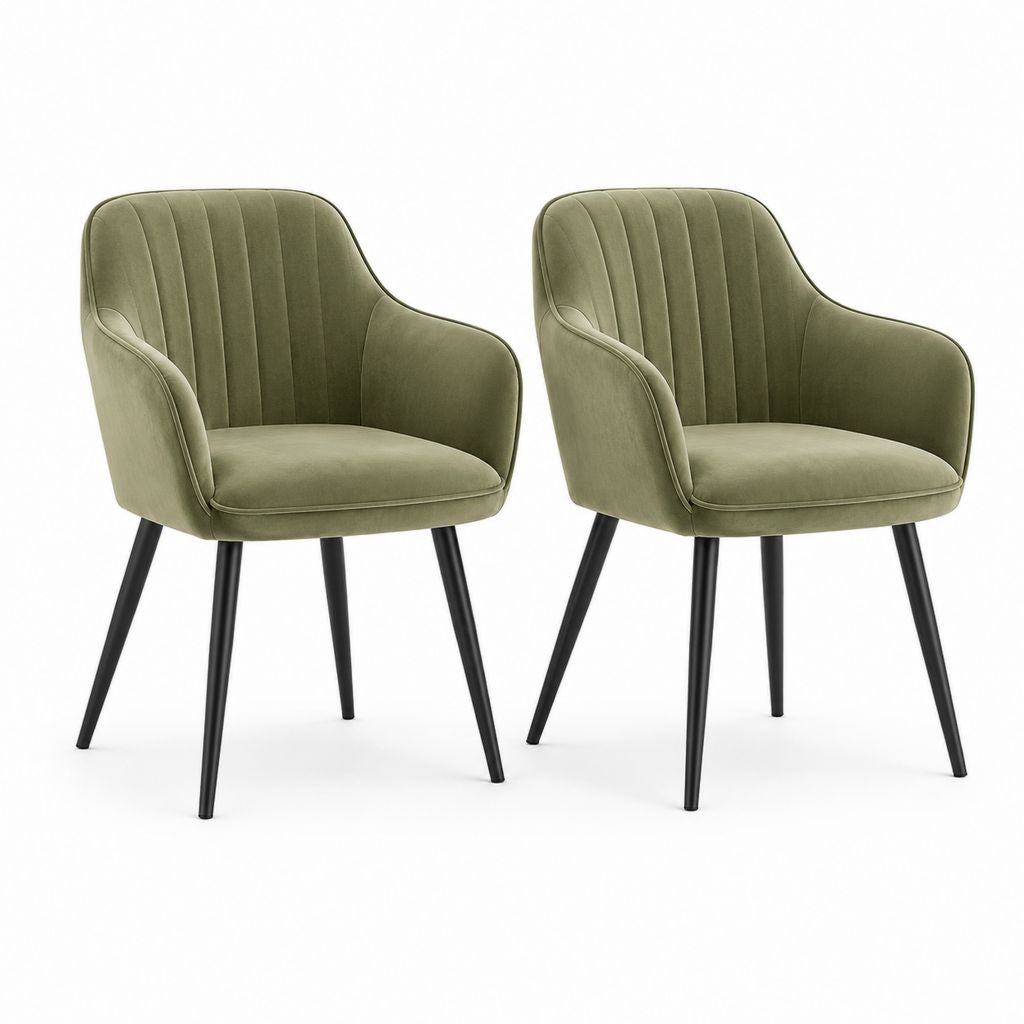Set di 2 sedie da pranzo con braccioli in tessuto verde oliva e gambe in metallo nero, 58 x 60 x 82 cm