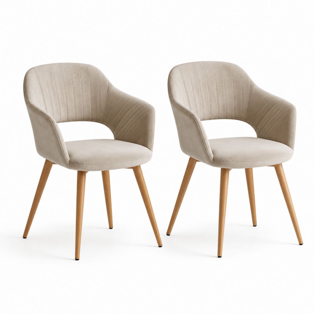 Set di 2 sedie da pranzo con braccioli in velluto beige e legno di faggio naturale, 58 x 58 x 81 cm