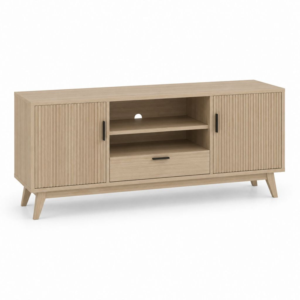 Mobile TV rettangolare in legno con 2 ante scanalate, cassetto e ripiano, rovere naturale e nero, 140 x 40 x 70 cm