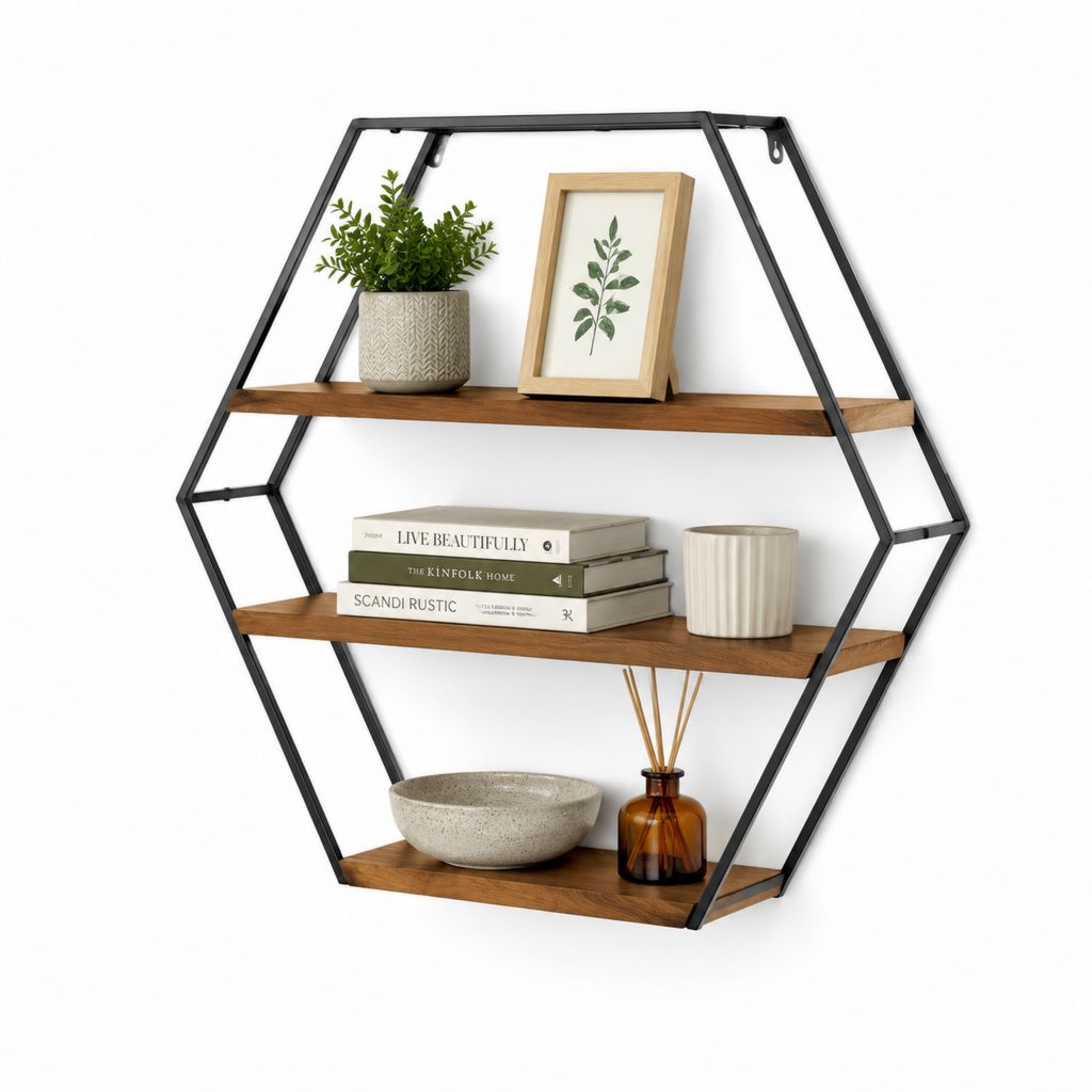 Scaffale da parete esagonale a 3 ripiani in acciaio e MDF, nero e marrone noce, 60 × 15 × 52 cm