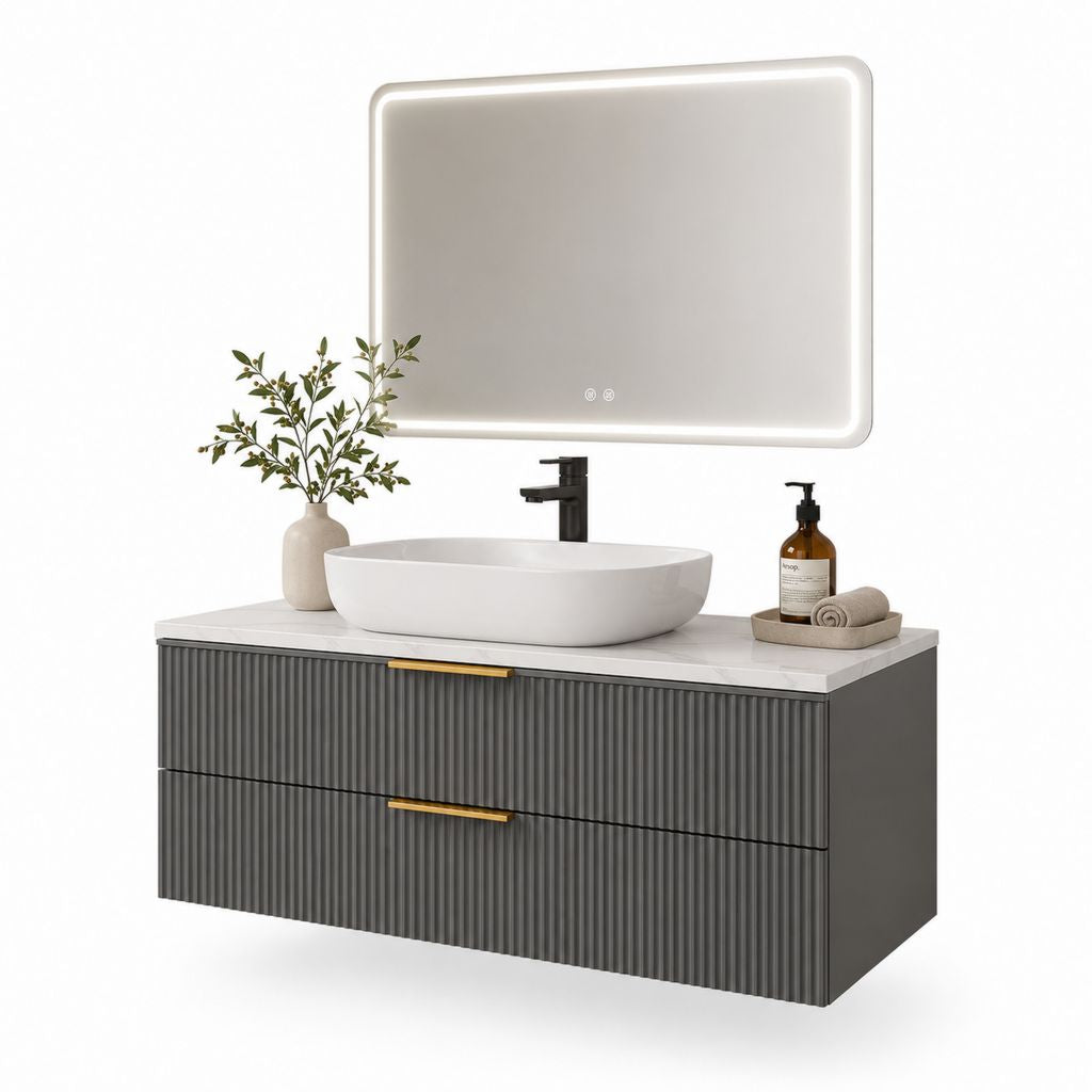Composizione bagno sospesa 4 pezzi in MDF antracite con lavabo bianco e specchio LED, 120 × 46 × 50 cm