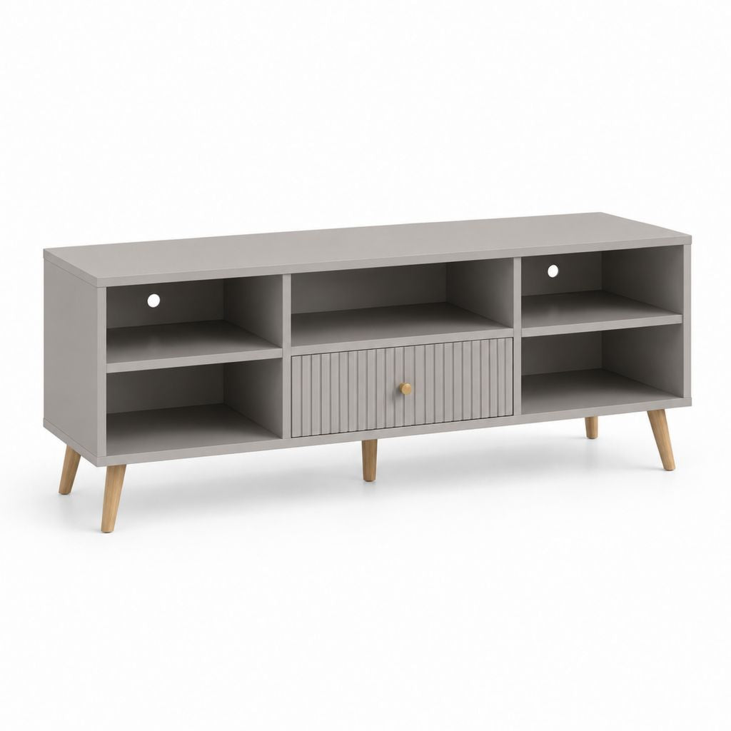 Mobile porta TV basso in MDF e legno grigio con 5 vani aperti e anta, 140 x 40 x 60 cm
