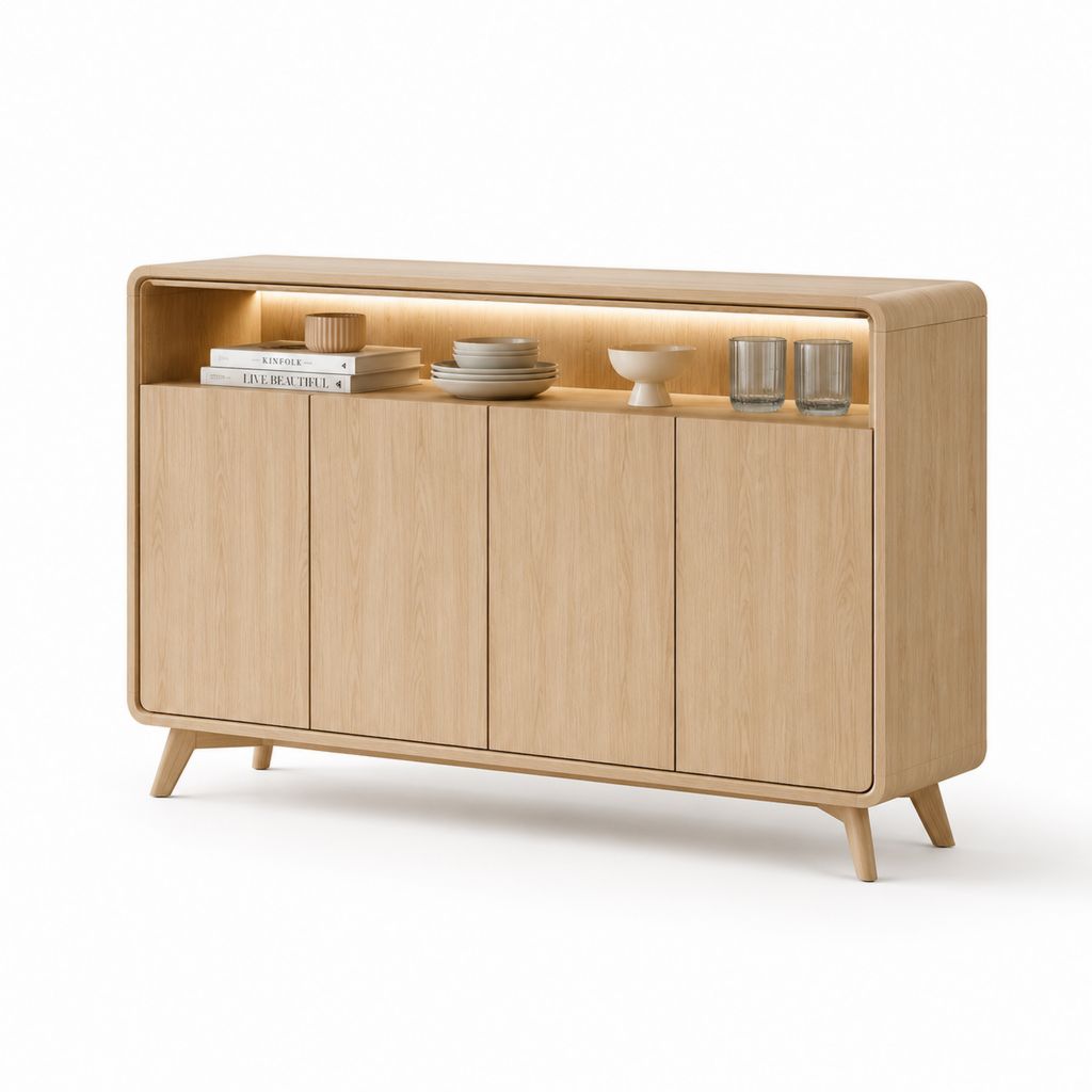 Credenza rettangolare in MDF impiallacciato rovere naturale con 4 ante, vano aperto e illuminazione LED, 160 × 40 × 95 cm