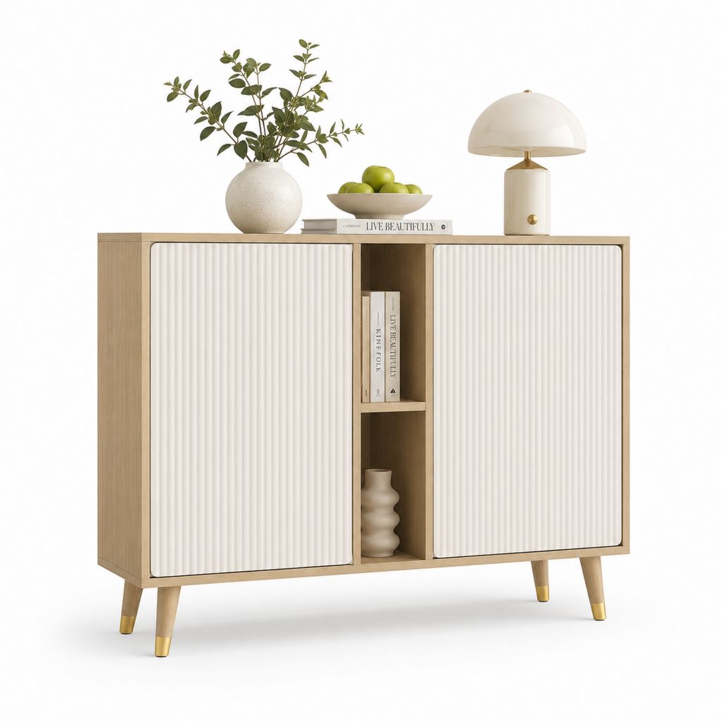 Credenza rettangolare in MDF e truciolare con 2 ante e 2 vani aperti, rovere naturale, bianco avorio e oro, 120 x 40 x 90 cm