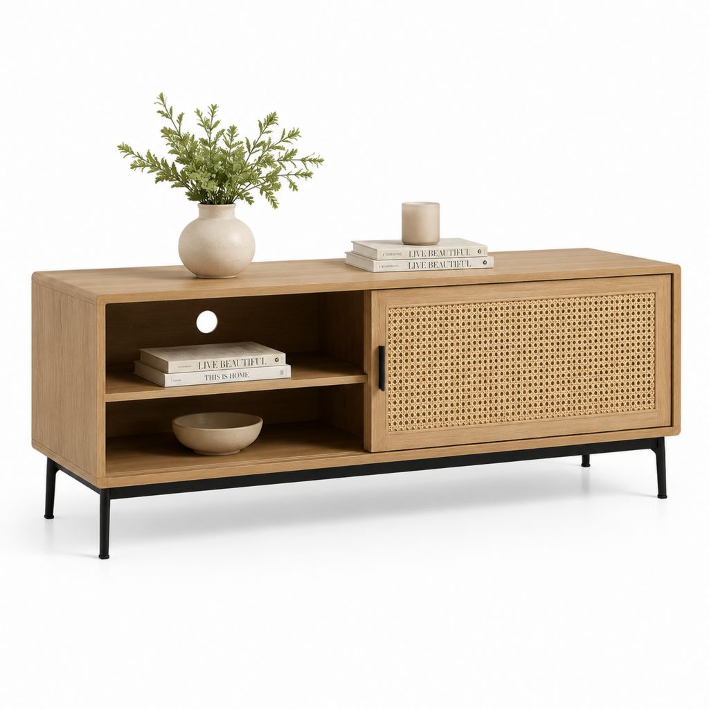 Mobile TV rettangolare con anta scorrevole e passacavi in MDF, rattan e acciaio, rovere naturale e nero, 120 x 40 x 60 cm