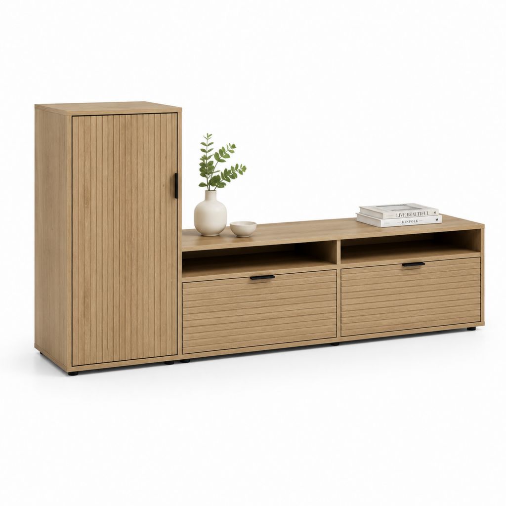 Set mobile TV rettangolare e armadio laterale in truciolare e MDF, effetto rovere naturale marrone, 2 pezzi, 180 x 40 x 110 cm