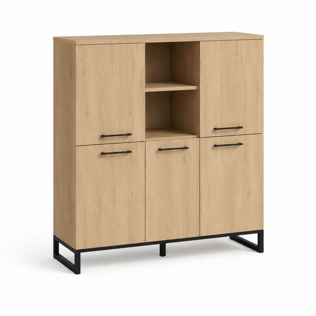 Credenza alta rettangolare in legno e metallo con 5 ante e 2 vani aperti, rovere naturale e nero, 120 x 40 x 140 cm