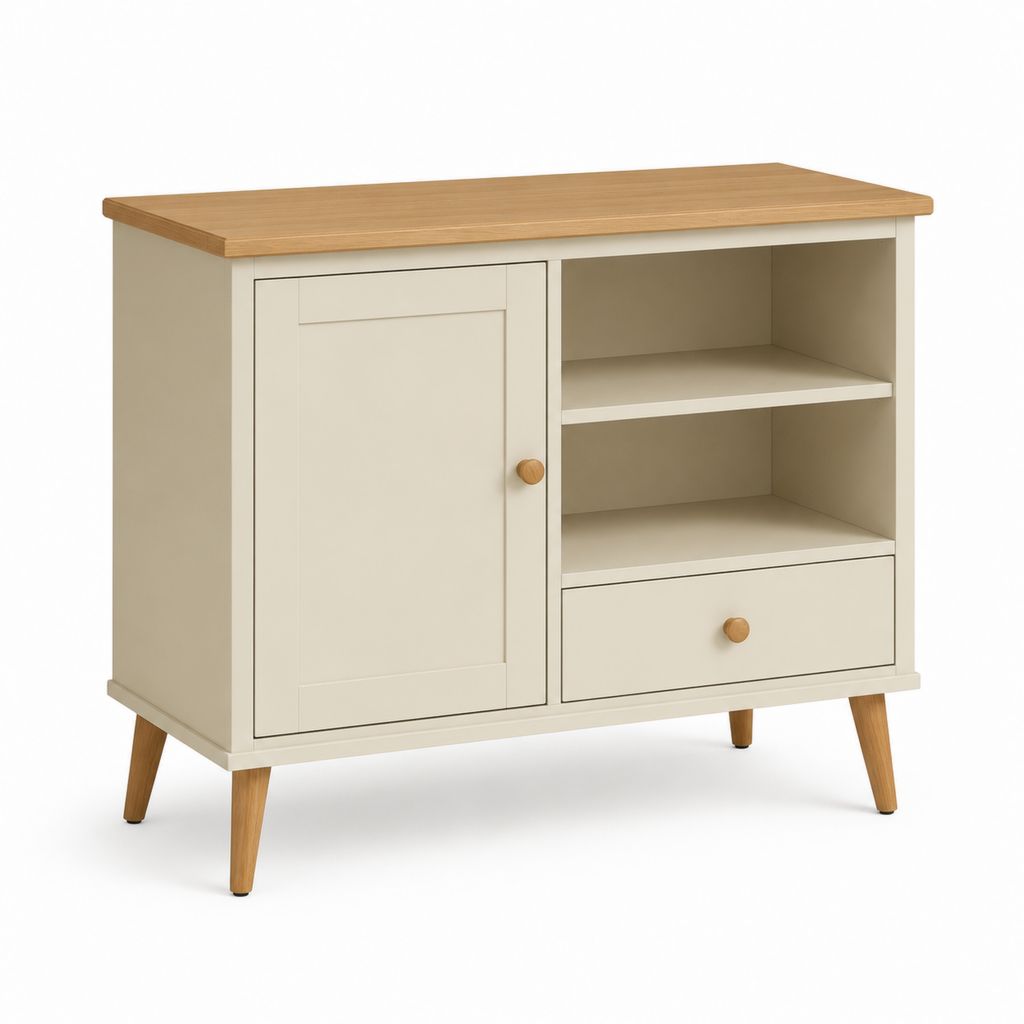 Credenza rettangolare in MDF verniciato e rovere con 1 anta, 1 cassetto e 2 vani aperti, avorio e rovere naturale, 100 x 40 x 90 cm
