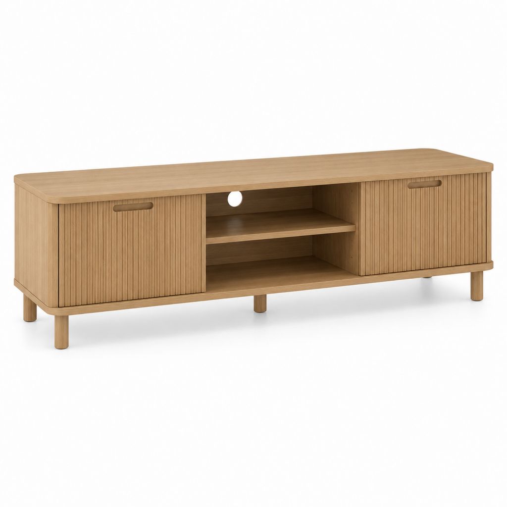 Mobile basso porta TV in MDF impiallacciato rovere con 2 ante scanalate e 2 vani aperti, rovere naturale, 150 x 40 x 58 cm