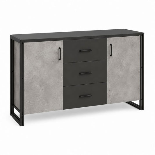 Credenza buffet con 2 ante e 3 cassetti in pannello truciolare melaminico e acciaio, nero e grigio cemento, 120 × 40 × 80 cm