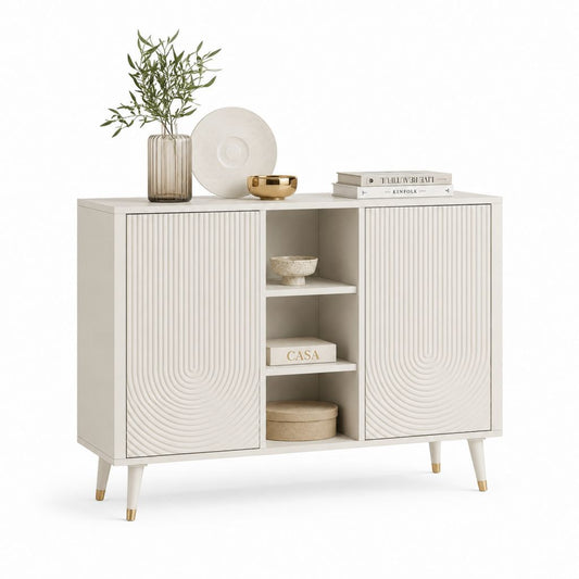 Credenza buffet rettangolare in MDF e truciolare con 2 ante e 3 vani aperti, avorio e oro, 120 x 40 x 90 cm