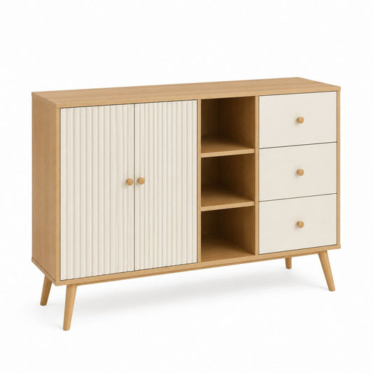 Credenza in legno con 2 ante, 3 cassetti e 3 vani aperti, rovere naturale e bianco crema, 120 × 40 × 90 cm