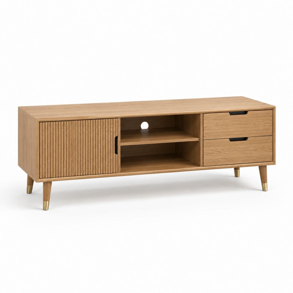 Mobile TV basso in MDF impiallacciato rovere con anta scorrevole e 2 cassetti, 160 x 40 x 60 cm, rovere naturale