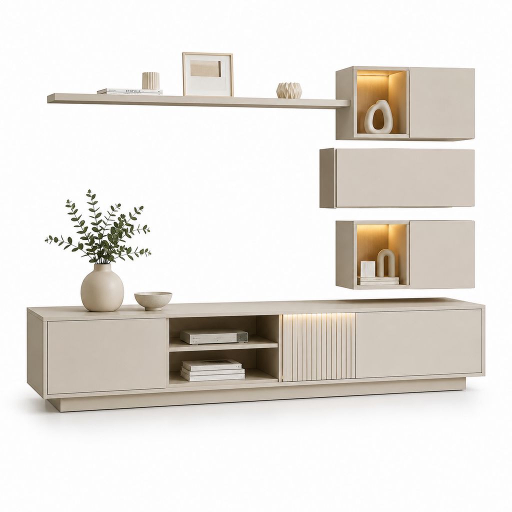 Mobile TV componibile da parete in legno, set da 5 pezzi greige, base 220 x 42 x 50 cm, 3 pensili, mensola e illuminazione LED