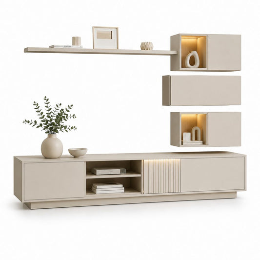Mobile TV componibile da parete in legno, set da 5 pezzi greige, base 220 x 42 x 50 cm, 3 pensili, mensola e illuminazione LED