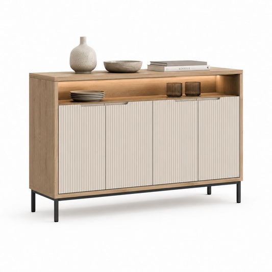 Credenza rettangolare in legno e metallo a 4 ante con vano aperto e illuminazione LED, rovere naturale, bianco crema e nero, 140 × 40 × 90 cm