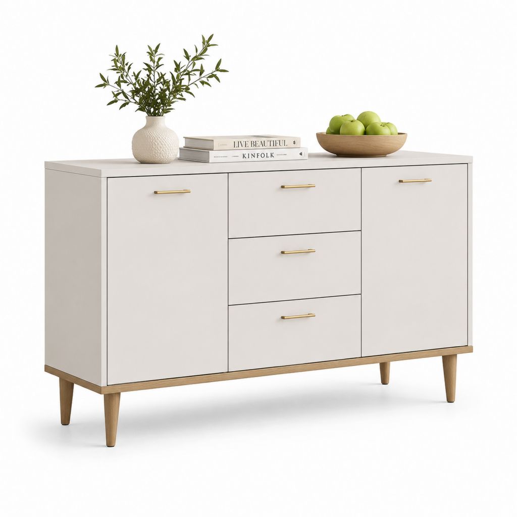 Credenza buffet rettangolare in pannello truciolare melaminico e legno, bianco caldo e naturale, con 2 ante e 3 cassetti, 120 x 40 x 80 cm