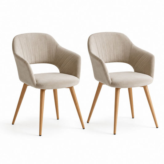 Set di 2 sedie da pranzo con braccioli in velluto beige e legno di faggio naturale, 58 x 58 x 81 cm