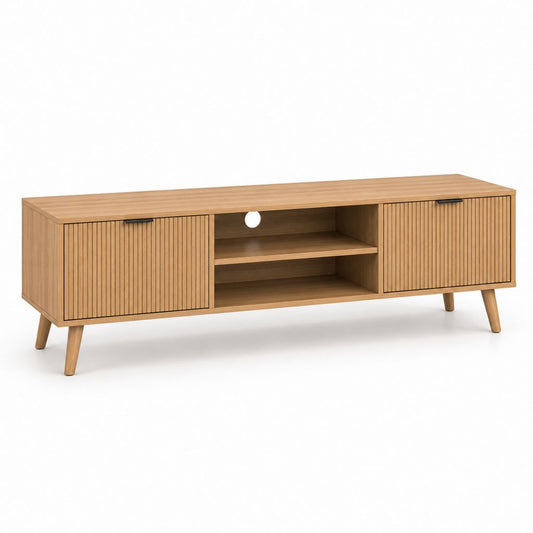 Mobile TV basso rettangolare in legno e metallo, effetto rovere marrone e nero, 160 × 40 × 60 cm, con 2 ante e 2 vani aperti