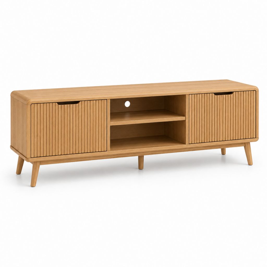 Mobile porta TV rettangolare in legno con 2 ante scanalate e 2 vani aperti, rovere naturale, 160 × 40 × 55 cm