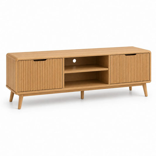 Mobile porta TV rettangolare in legno con 2 ante scanalate e 2 vani aperti, rovere naturale, 160 × 40 × 55 cm