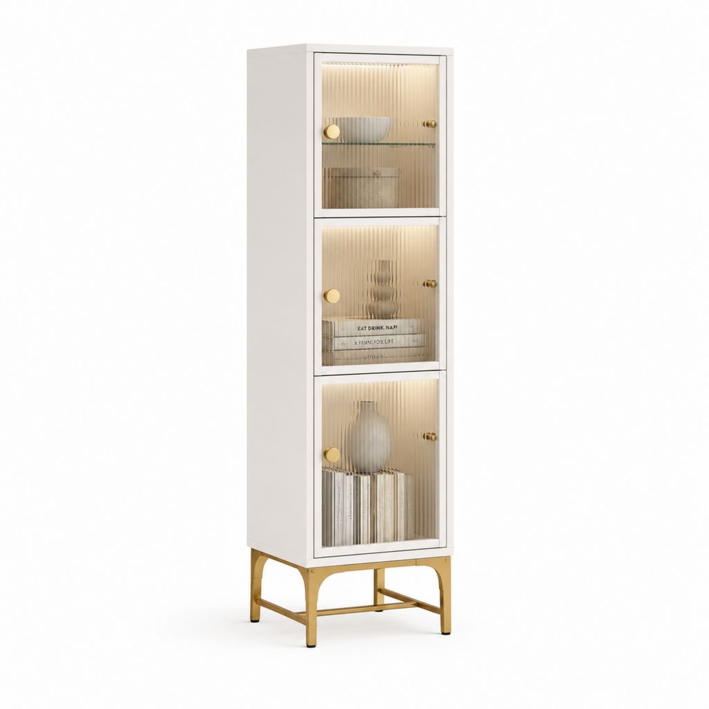 Vetrina alta rettangolare in acciaio bianco e vetro scanalato, 3 ante, illuminazione LED, 40 × 35 × 150 cm