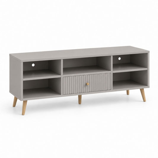 Mobile porta TV basso in MDF e legno grigio con 5 vani aperti e anta, 140 x 40 x 60 cm