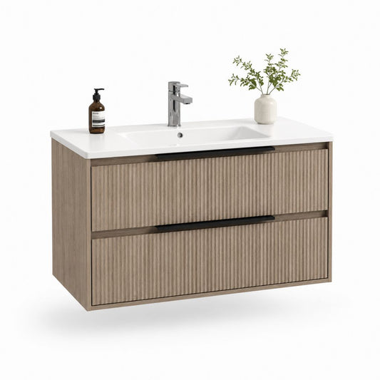 Mobile bagno sospeso con lavabo in ceramica e 2 cassetti in legno scanalato, rovere tortora, bianco e nero, 91 x 46 x 55 cm