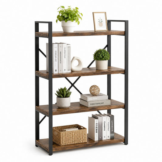 Scaffale libreria rettangolare a 4 ripiani in legno e metallo, marrone rustico e nero, 80 x 30 x 120 cm