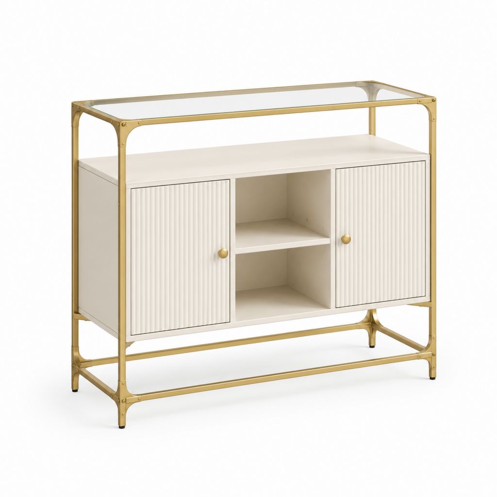 Credenza rettangolare in MDF e acciaio con 2 ante e 2 vani aperti, bianco crema e oro, 110 × 40 × 105 cm