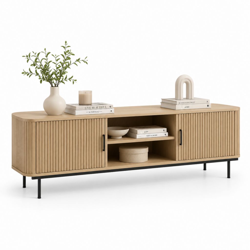 Mobile TV rettangolare in legno e MDF con 2 ante scanalate e gambe in metallo, rovere naturale/nero, 180 x 40 x 70 cm