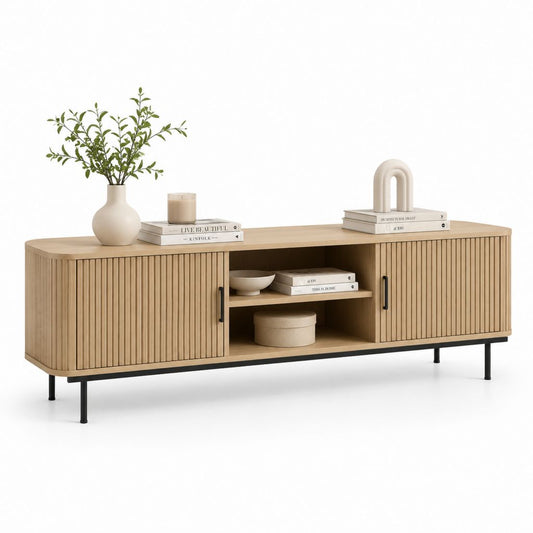 Mobile TV rettangolare in legno e MDF con 2 ante scanalate e gambe in metallo, rovere naturale/nero, 180 x 40 x 70 cm