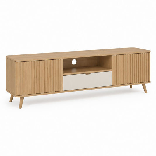 Mobile porta TV rettangolare in MDF effetto rovere con 2 ante scorrevoli a serrandina, cassetto bianco crema e vano aperto, 160 x 40 x 58 cm