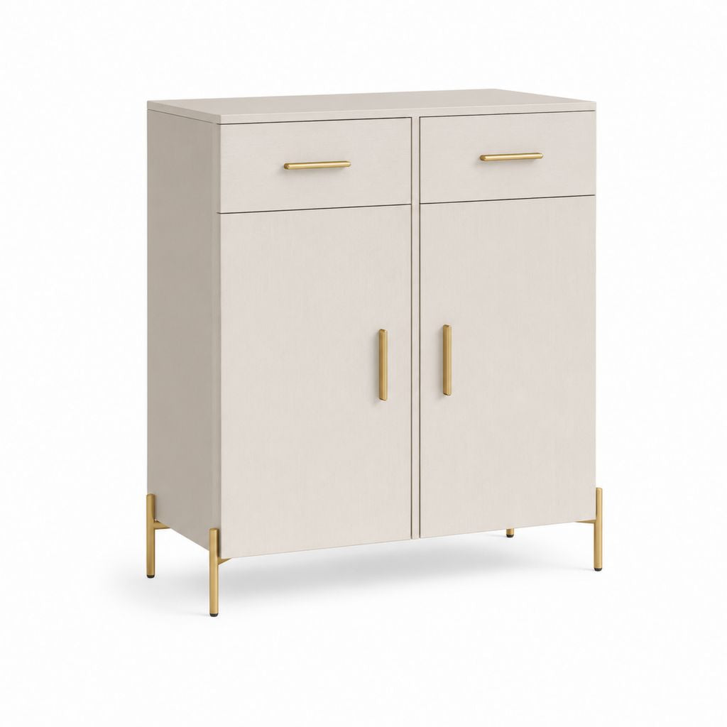 Credenza alta rettangolare in pannello truciolare melaminico e acciaio, 2 ante e 2 cassetti, beige chiaro e oro, 80 × 40 × 100 cm
