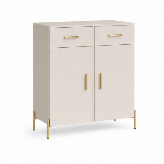 Credenza alta rettangolare in pannello truciolare melaminico e acciaio, 2 ante e 2 cassetti, beige chiaro e oro, 80 × 40 × 100 cm