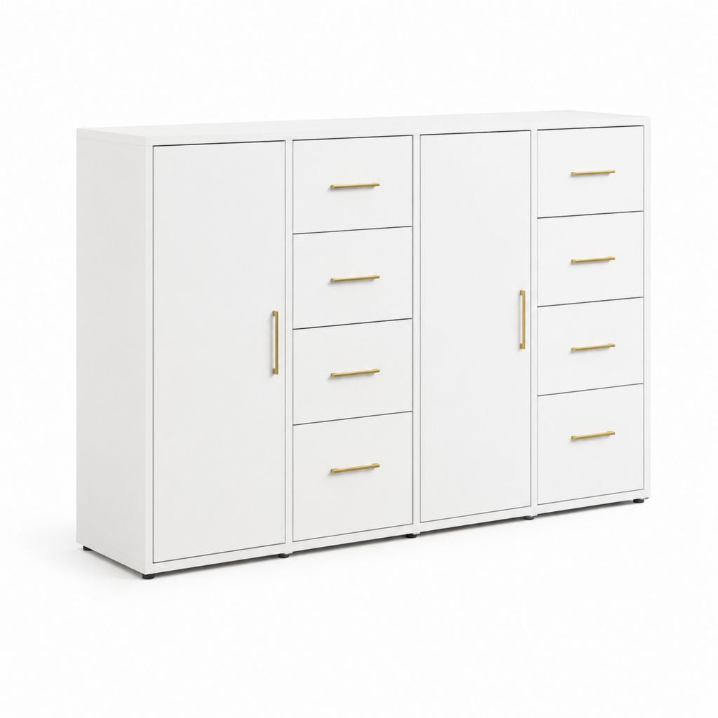 Credenza bianca in legno con 2 ante, 8 cassetti, maniglie dorate e piedini neri, 160 × 40 × 90 cm