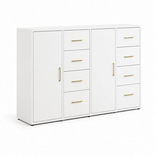 Credenza bianca in legno con 2 ante, 8 cassetti, maniglie dorate e piedini neri, 160 × 40 × 90 cm