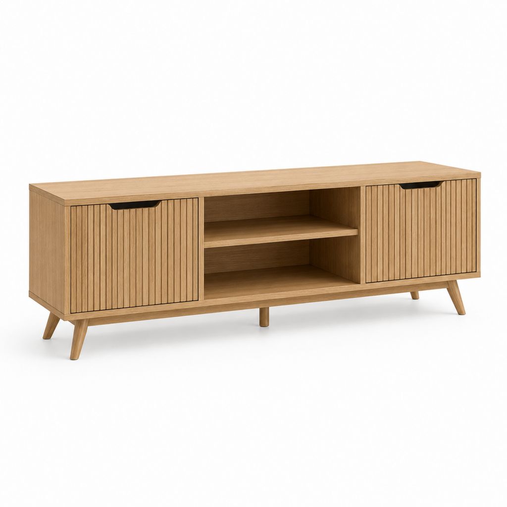 Mobile TV rettangolare in legno con 2 ante scanalate, ripiano centrale, finitura rovere naturale, 160 × 40 × 60 cm
