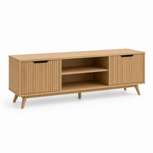 Mobile TV rettangolare in legno con 2 ante scanalate, ripiano centrale, finitura rovere naturale, 160 × 40 × 60 cm