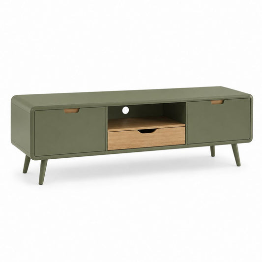 Mobile TV basso rettangolare in MDF con 2 ante e 1 cassetto, verde oliva e rovere naturale, 140 x 40 x 55 cm