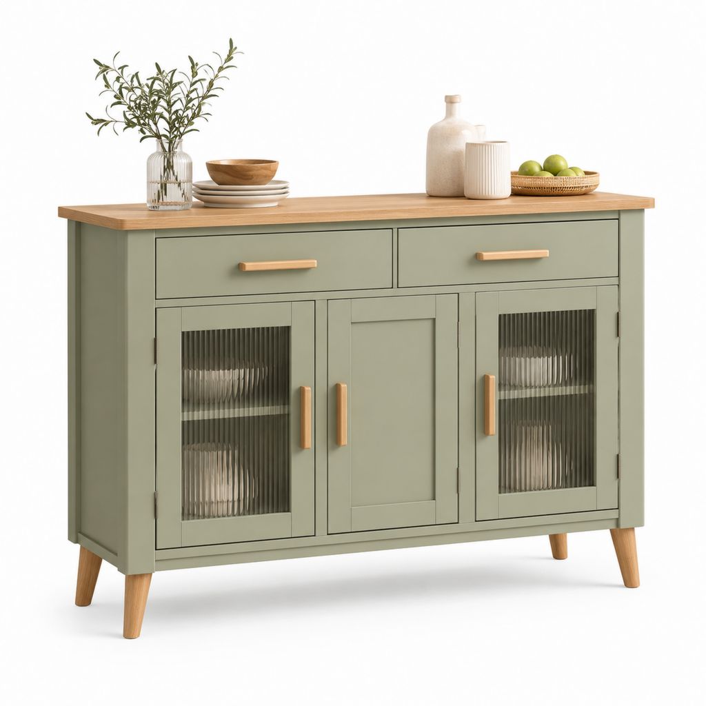 Credenza con 3 ante e 2 cassetti in MDF e vetro scanalato, verde oliva e rovere naturale, 120 × 40 × 90 cm