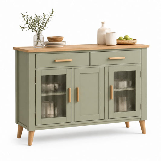 Credenza con 3 ante e 2 cassetti in MDF e vetro scanalato, verde oliva e rovere naturale, 120 × 40 × 90 cm