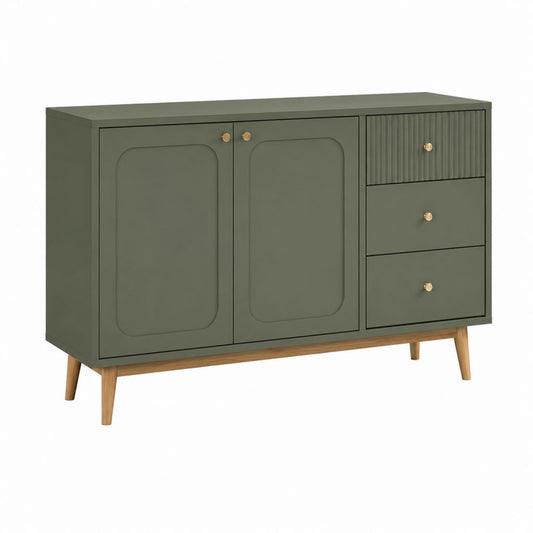 Credenza in legno con 2 ante e 3 cassetti, verde oliva, 120 x 40 x 80 cm