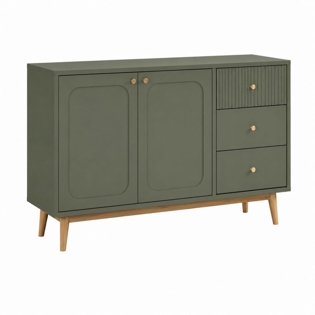 Credenza in legno con 2 ante e 3 cassetti, verde oliva, 120 x 40 x 80 cm