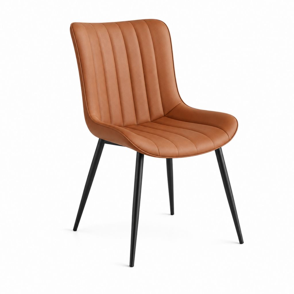 Sedia da pranzo imbottita in pelle sintetica marrone cognac con gambe in acciaio nero, 50 x 58 x 84 cm